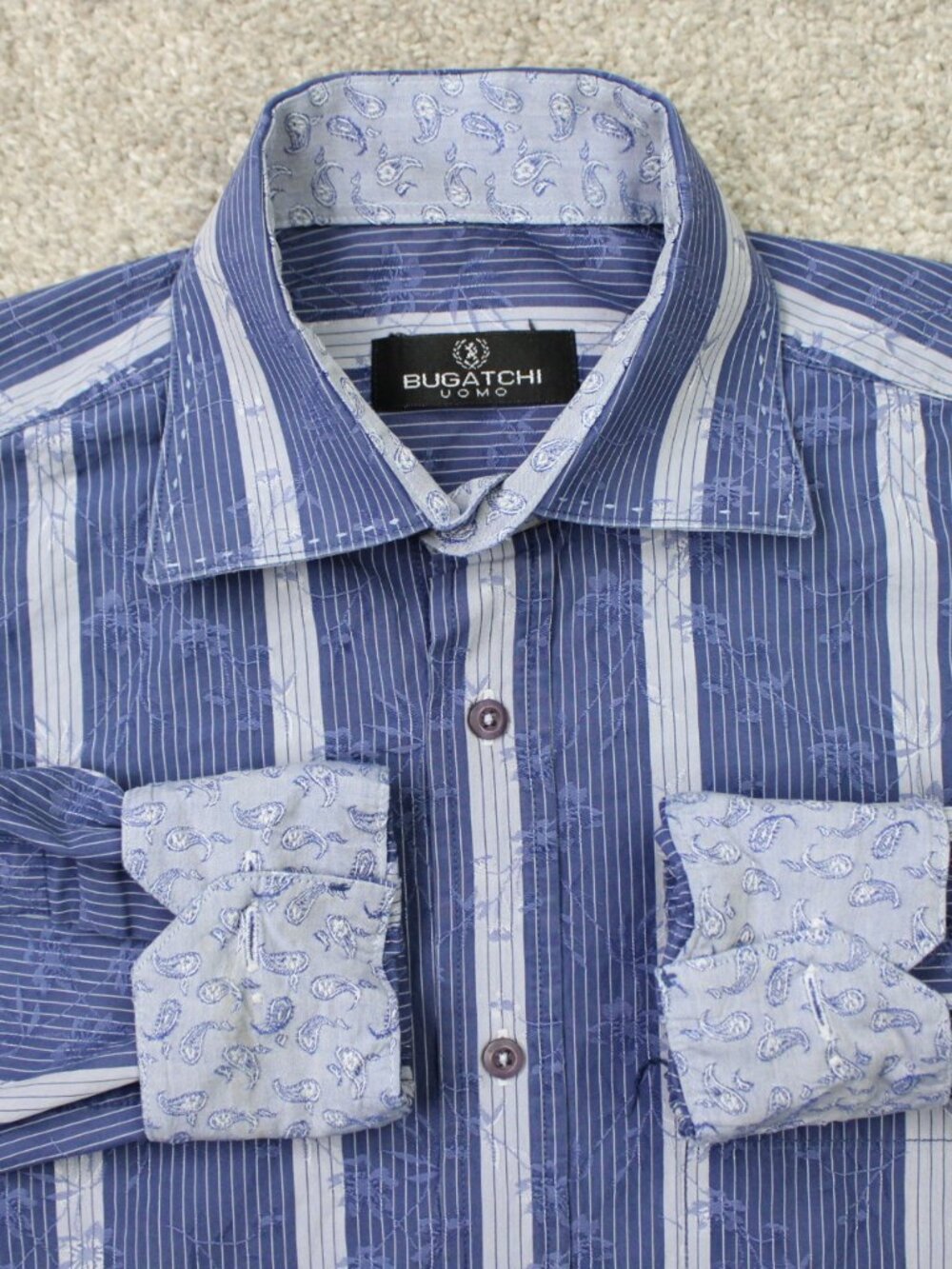 Bugatchi Uomo Shirt Mens Medium Blue Striped Flip Cuff 100% Cotton Long Sleeve